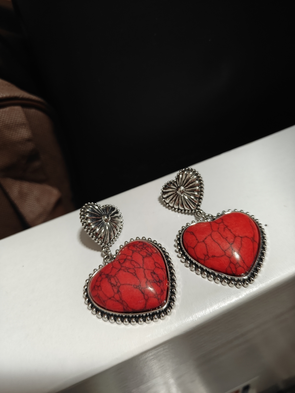 Red Heart Drop Earrings with Silver Trim Southwestern